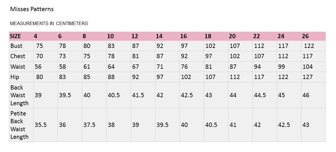 Misses Size Chart